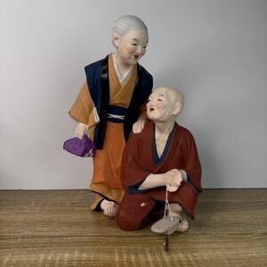 Vintage Japanese Hakata Doll Elderly Couple Mid Century Figurine Chalkware